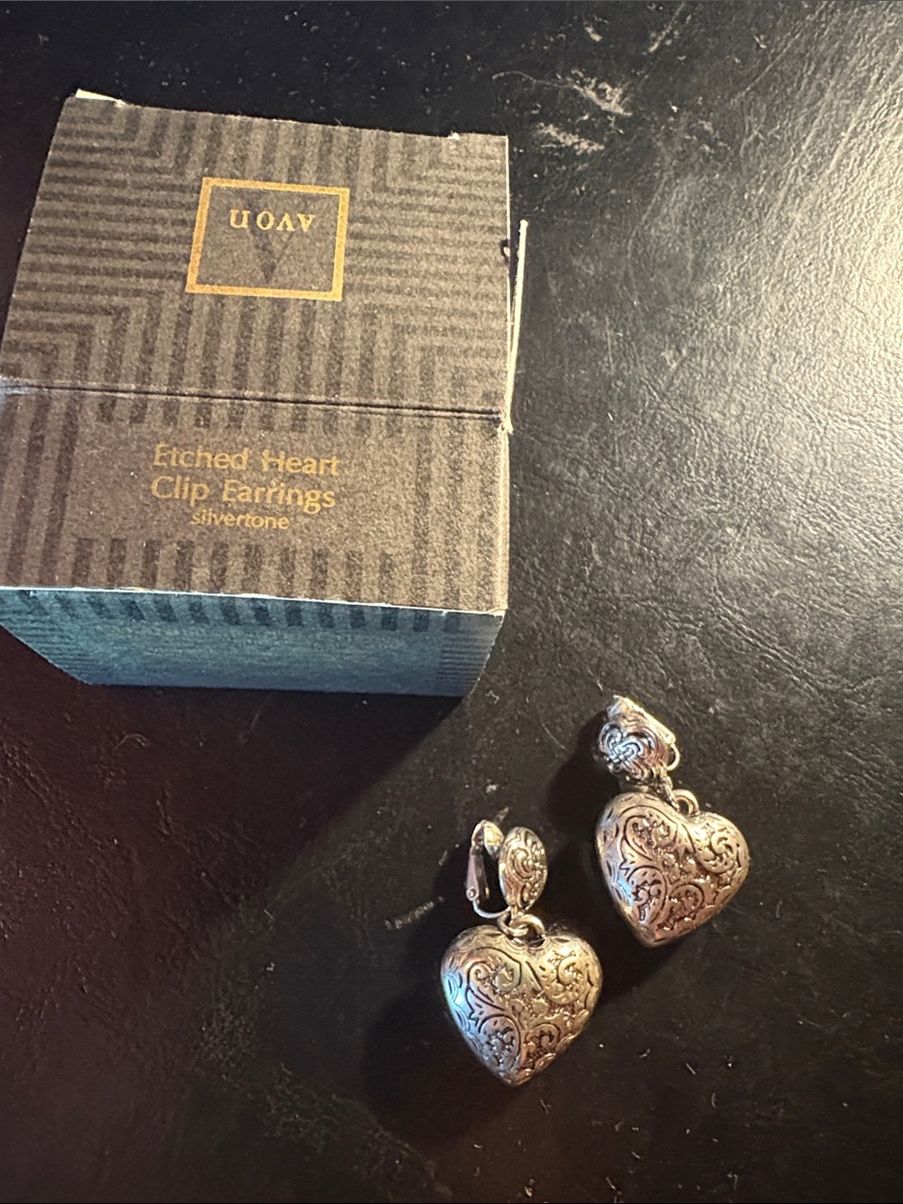 Avon Silvertone Etched Heart Drop Clip-On Earrings